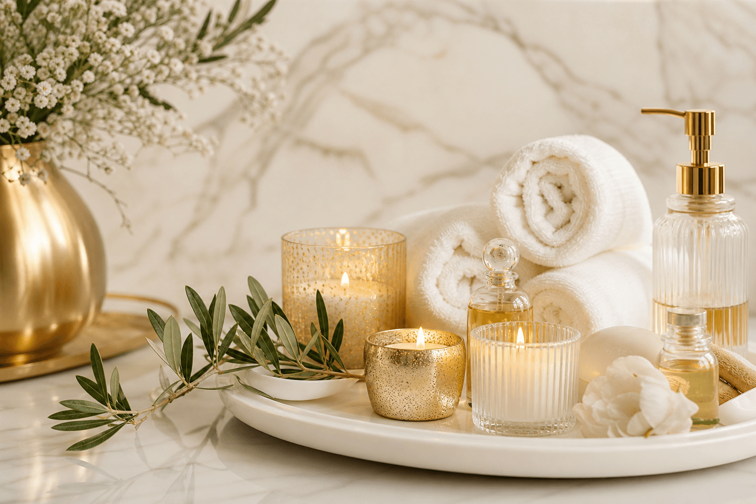 Candles, towels, and oils arranged on a white tray